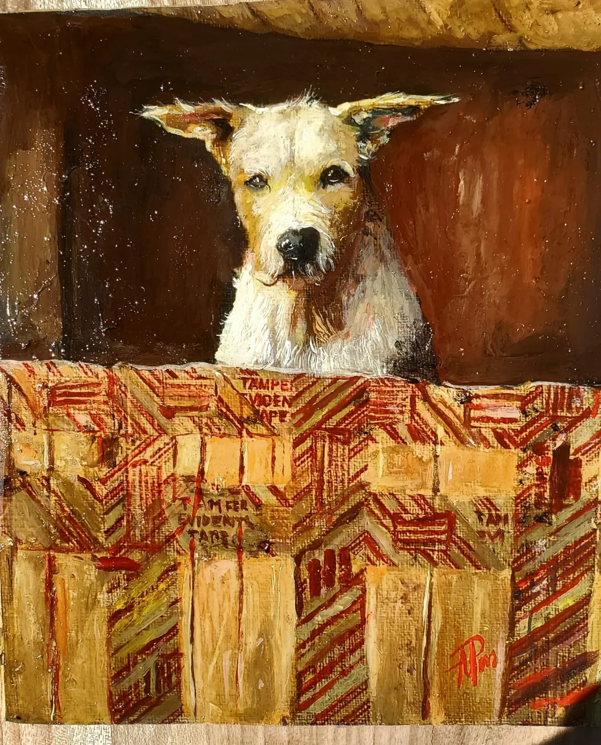 Pintura realista de un perro asomado sobre una caja de madera, obra de Ariel Perez