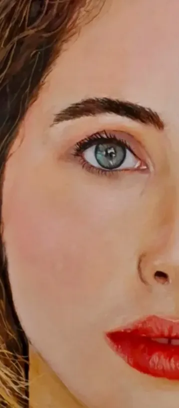Detalle de un retrato realista a color, ojo y labios, obra de Ariel Perez